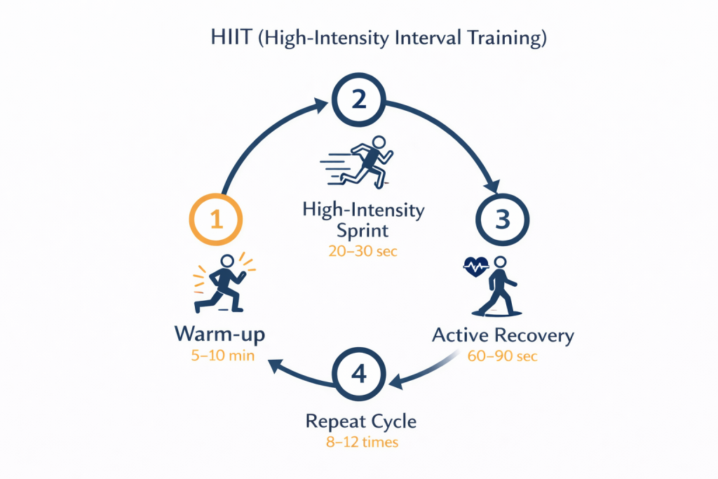 Diagram proses latihan HIIT untuk pembakaran lemak pria menunjukkan fase pemanasan sprint recovery dan cooling down