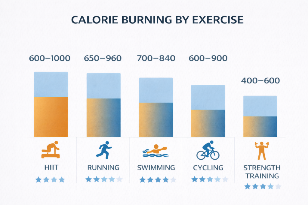 Infografis perbandingan pembakaran kalori per jam untuk 5 olahraga pria bakar lemak cepat efektif 2026 dengan data statistik verified