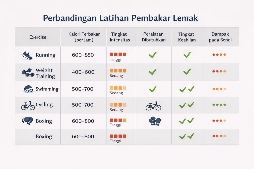 Tabel perbandingan 5 olahraga pria bakar lemak cepat efektif 2026 berdasarkan kalori terbakar intensitas dan kemudahan pelaksanaan