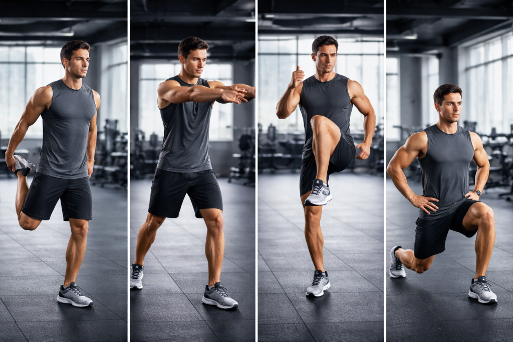 Pria melakukan pemanasan dinamis sebelum olahraga bakar lemak dengan gerakan stretching dan mobilitas sendi yang benar