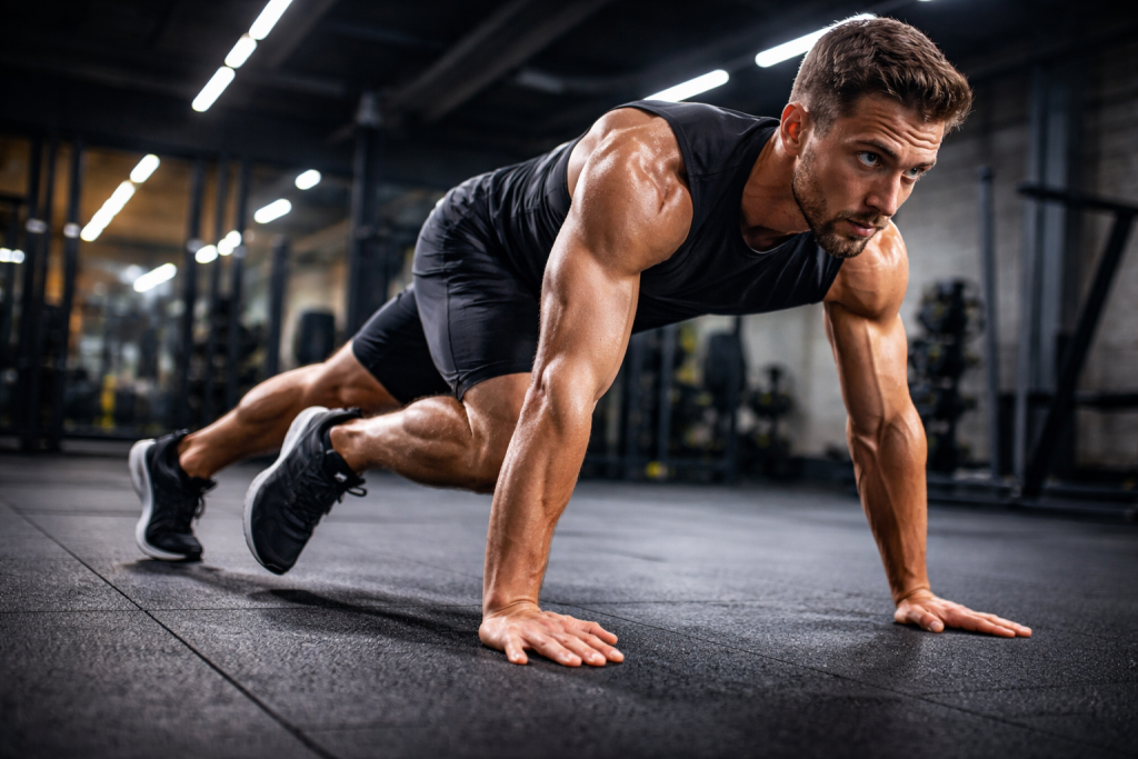 Pria melakukan teknik eksekusi HIIT yang benar dengan gerakan burpee untuk membakar lemak maksimal dengan form sempurna