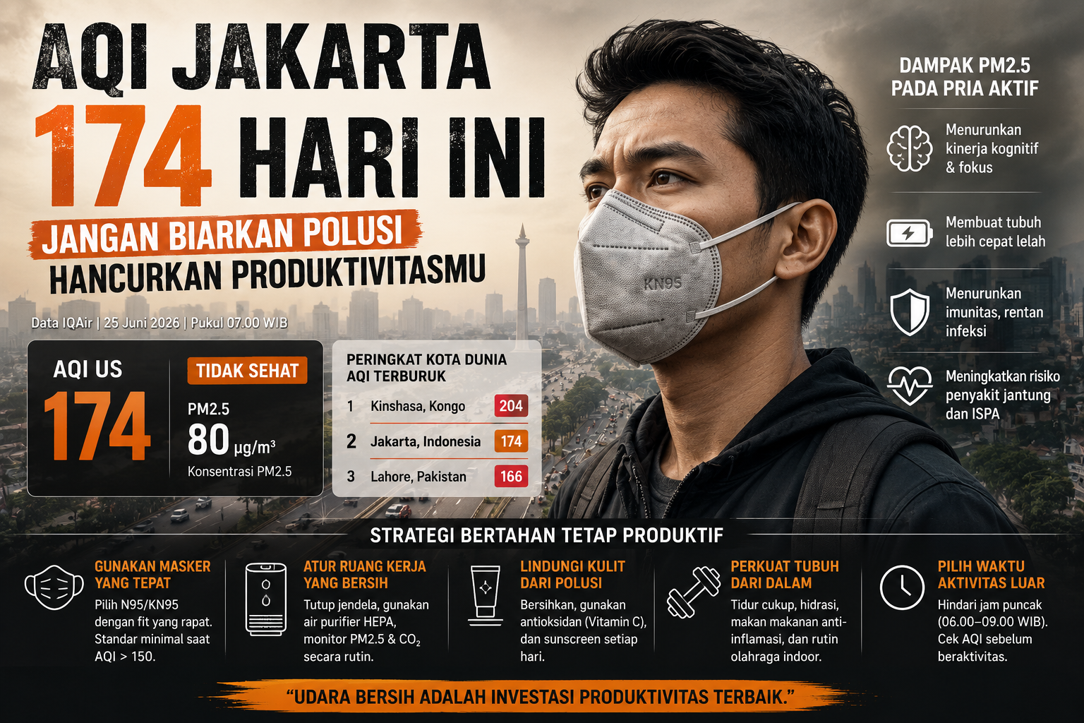 AQI Jakarta 174 Hari Ini, Jangan Biarkan Polusi Hancurkan Produktivitasmu