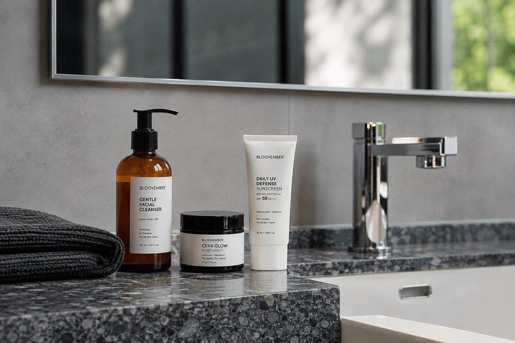Gaya Hidup Pria 2026: Kenapa Kualitas Kini Mengalahkan Kuantitas 5 Rangkaian tiga produk skincare esensial pria berupa pembersih pelembap dan tabir surya di wastafel kamar mandi.