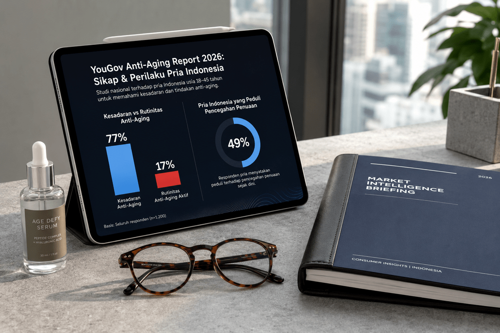 Gaya Hidup Pria 2026: Kenapa Kualitas Kini Mengalahkan Kuantitas 4 Tablet menampilkan infografik data riset YouGov Anti-Aging Report 2026 tentang kesadaran perawatan diri pria Indonesia.