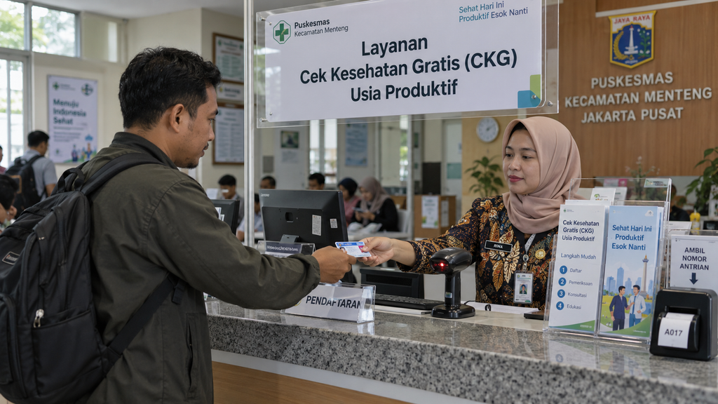 Wajib Tahu, Pria 18-59 Tahun Bisa Cek Kesehatan Gratis Kapan Saja 2 Pria dewasa mendaftar layanan Cek Kesehatan Gratis di loket pelayanan terpadu puskesmas dengan e-KTP.
