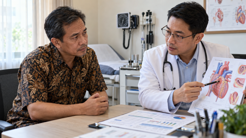 Wajib Tahu, Pria 18-59 Tahun Bisa Cek Kesehatan Gratis Kapan Saja 3 Dokter umum puskesmas menjelaskan hasil skrining risiko hipertensi dan diabetes kepada pasien pria usia produktif.