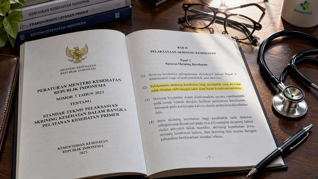 Wajib Tahu, Pria 18-59 Tahun Bisa Cek Kesehatan Gratis Kapan Saja 4 Lembar keputusan menteri kesehatan tentang pedoman cek kesehatan gratis terbuka di samping stetoskop di meja dinas kesehatan.