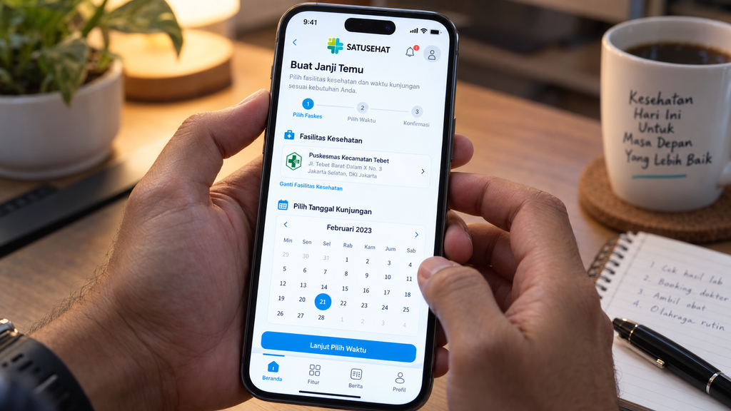Wajib Tahu, Pria 18-59 Tahun Bisa Cek Kesehatan Gratis Kapan Saja 6 Seseorang memegang ponsel pintar mengakses menu pendaftaran Cek Kesehatan Gratis pada aplikasi SATUSEHAT Mobile.