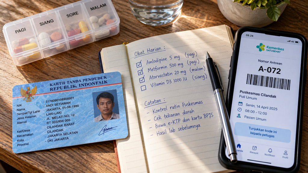 Wajib Tahu, Pria 18-59 Tahun Bisa Cek Kesehatan Gratis Kapan Saja 7 Dokumen kelengkapan pemeriksaan berupa e-KTP fisik, catatan obat harian, dan tiket digital pada layar smartphone.