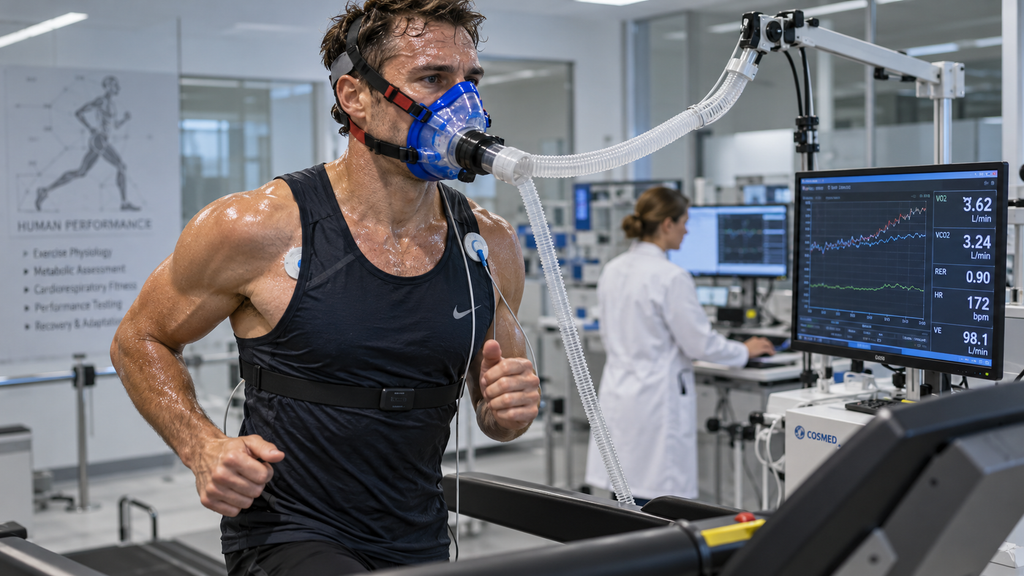 Viral Flexing VO2 Max, Dokter Ungkap Angka Ideal Pelari Rekreasional 3 Seorang pria menjalani tes kardiorespirasi (treadmill test) dengan masker oksigen di laboratorium olahraga yang diawasi dokter.