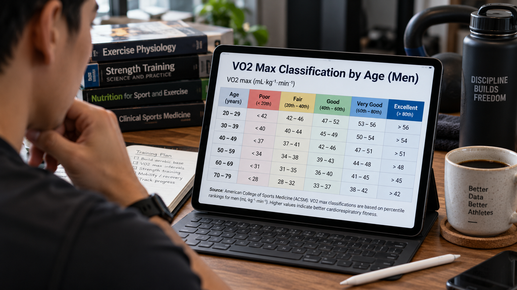 Viral Flexing VO2 Max, Dokter Ungkap Angka Ideal Pelari Rekreasional 4 Layar tablet menampilkan tabel klasifikasi VO2 max dari Cooper Institute yang menunjukkan penurunan angka ideal seiring bertambahnya usia.